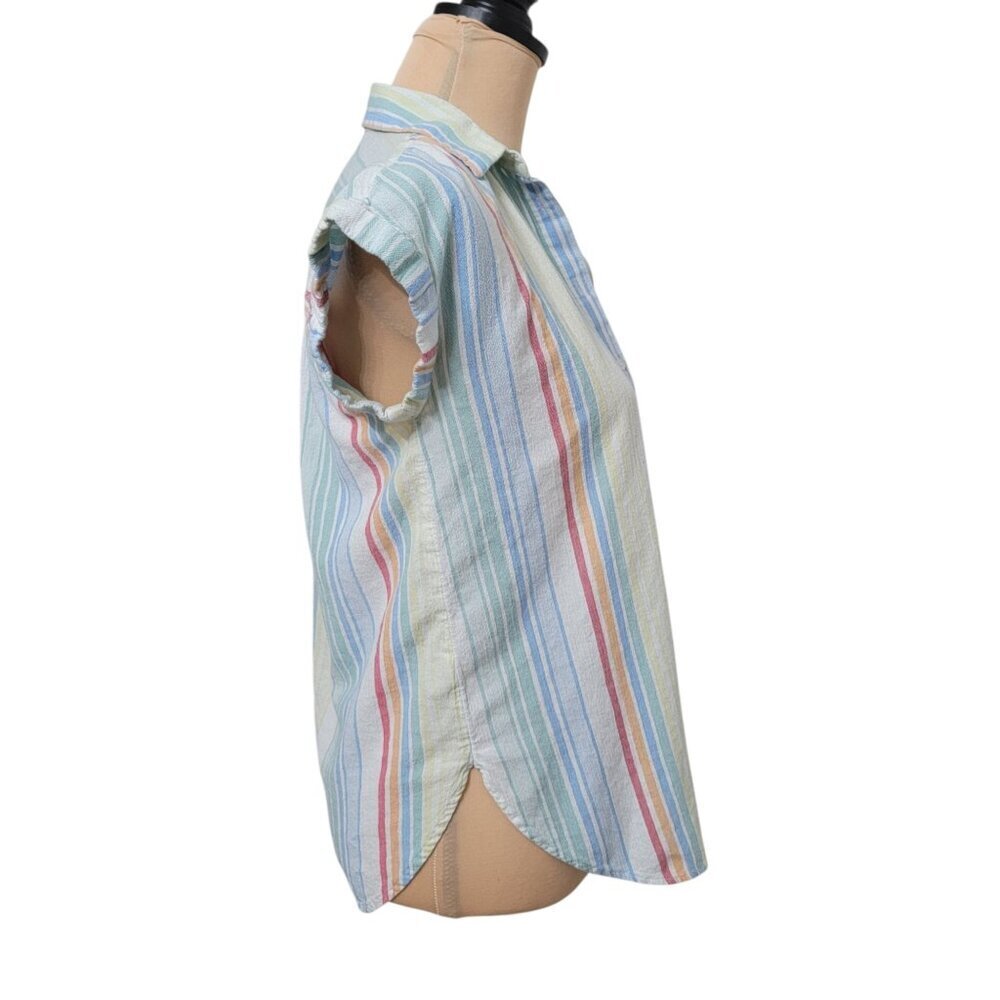 LOFT Outlet Size XS Washed Multi Color Striped Button Down Short Sleeve Shirt - Picture 5 of 11